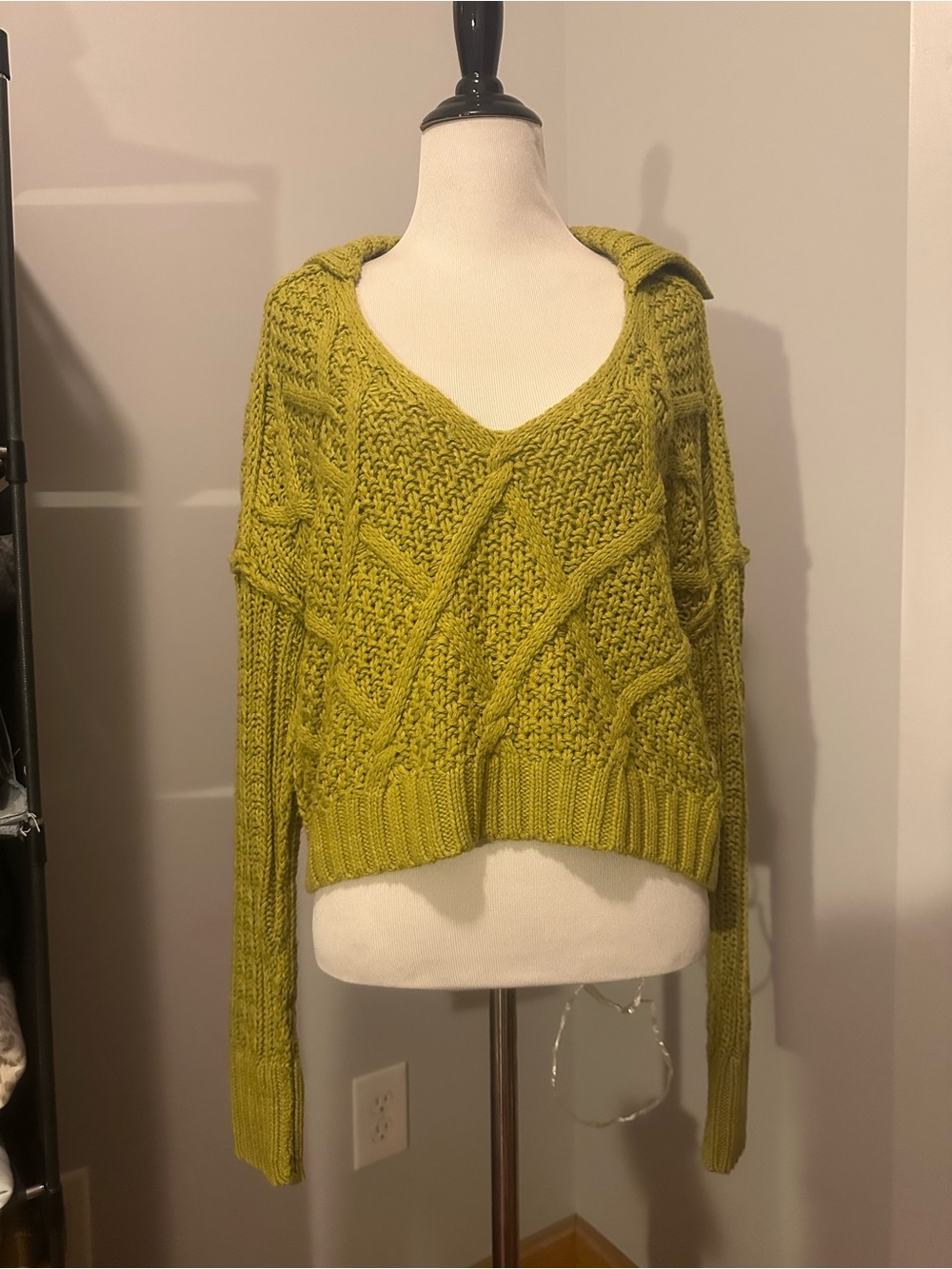 Free People Chunky Olive-Green Cable V-Neck Sweater